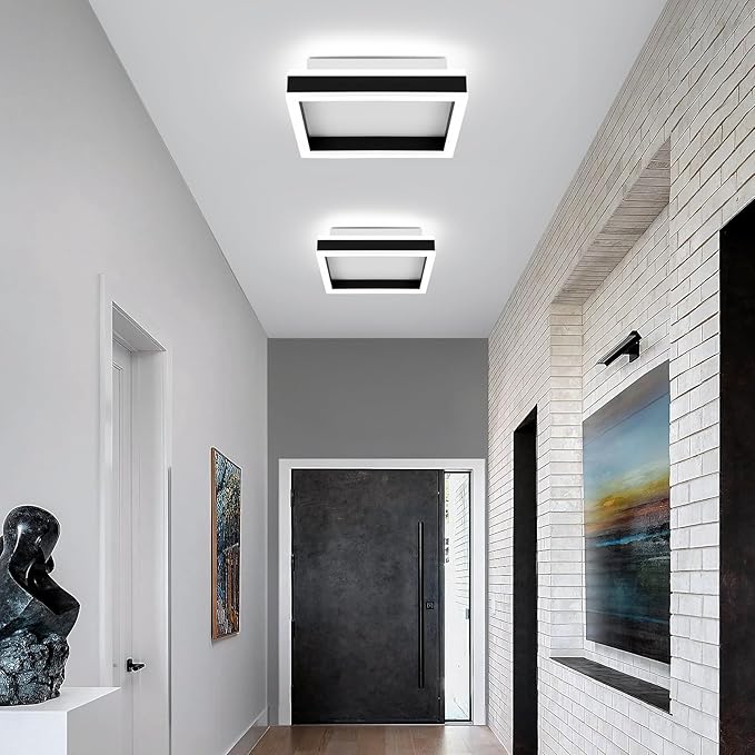 Square LED Hallway Ceiling Light, 6000K Cold White Black Modern Led Ceiling Light Fixture,Minimalist Flush Mount Ceiling Lamp for Hallway Entryway Bedroom Kitchen Laundry Room(9.5 in)