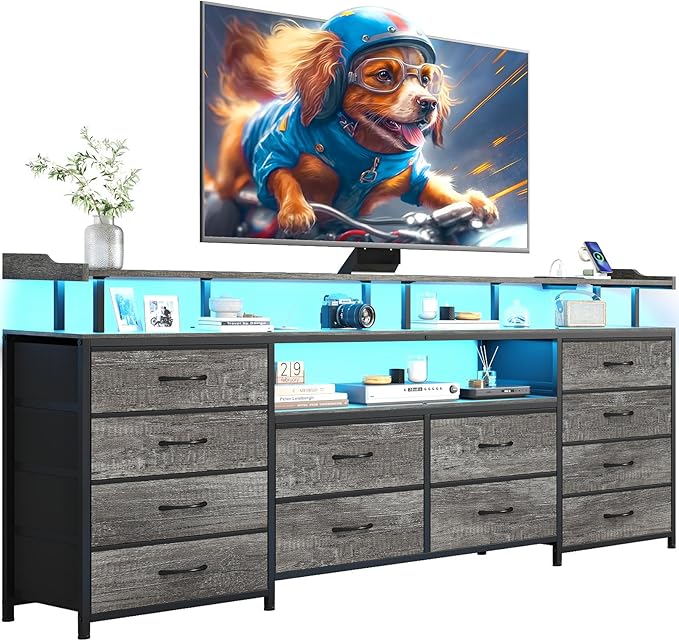 BTHFST 12 Drawers TV Stand Dresser for 65/70 inch TV, Entertainment Center with LED Lights & Power Outlets, 63" Large LED TV Stand, TV Console for Bedroom