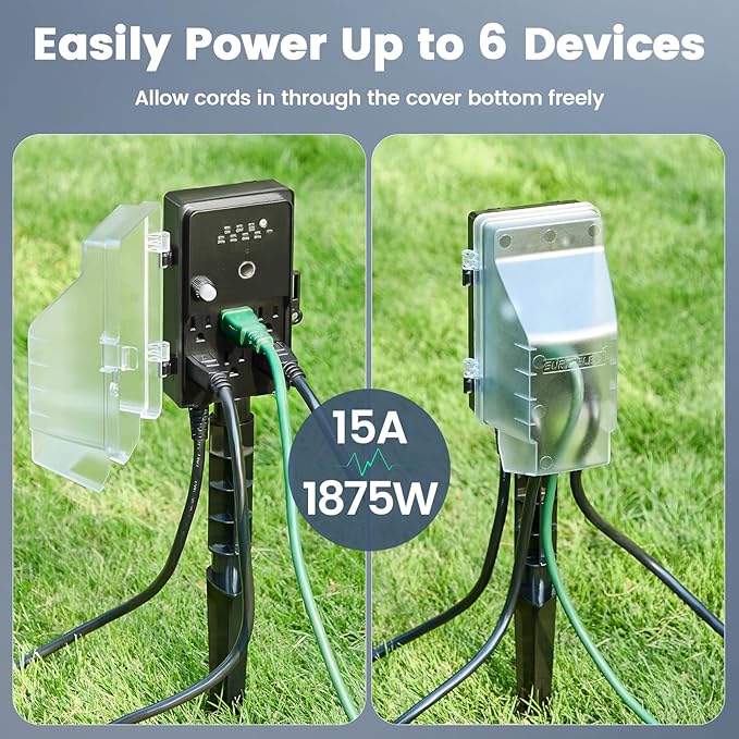 SURAIELEC Outdoor Power Stake Timer Waterproof, 100FT Wireless Remote Control, Photocell Dusk to Dawn Timer, 6 Electrical Outlets, 6FT Extension Cord, for Halloween Decoration, Outdoor Lights, Garden