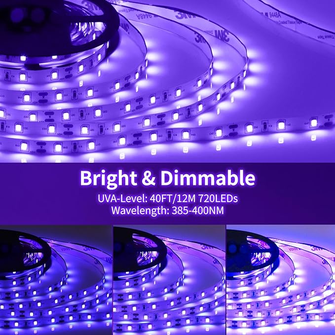 Dimmable Black Light Strip Kit 40ft/12M 720 LEDs, 12V Flexible Blacklight Fixtures, 385nm-400nm, Black Light LED Strips for Glow Party Fluorescent Poster Halloween Indoor Bedroom Decor, Non-Waterproof