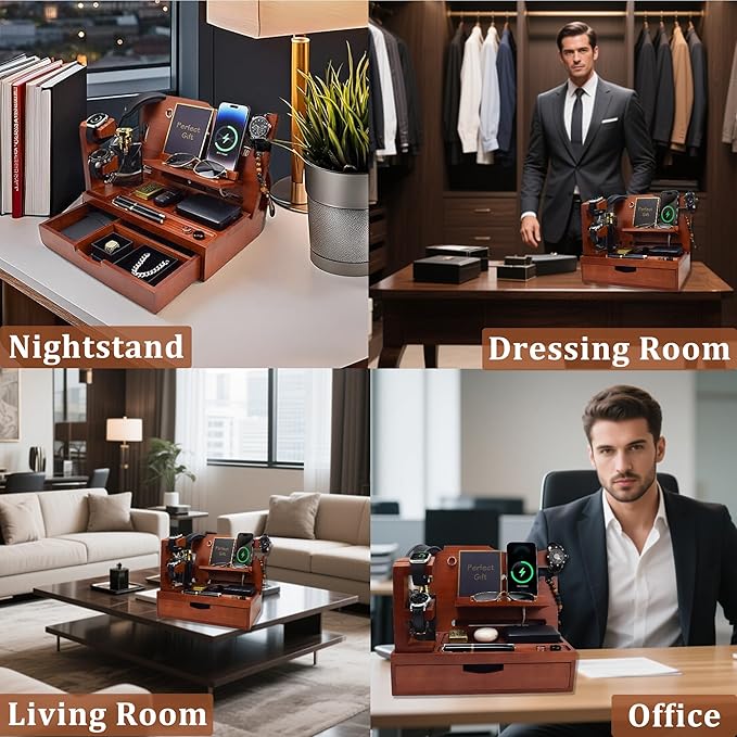 Nightstand Organizer for Men with Large Drawer, Wood Phone Docking Station for Phone, Apple Watch, Wallet & Keys, Ideal Birthday Gift for Father Husband, Bedside Desk Organizer (Walnut)