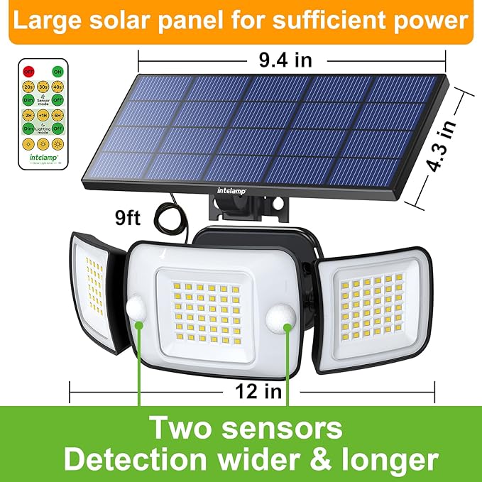 intelamp Solar Lights Outdoor, 3 Head Solar Motion Sensor Lights for Outside, lP65 Waterproof,Separate Panel with 9FT Cable Remote Control Flood Lights(2Pack)