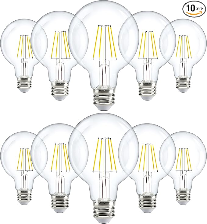 Sunco 10 Pack G25 LED Light Bulbs, Filament Edison Globe, Vanity Lighting Bulb for Bathroom Bedroom, 500 LM, 5W (60W Equivalent), 3000K Warm White, Dimmable, E26 Base, Clear UL