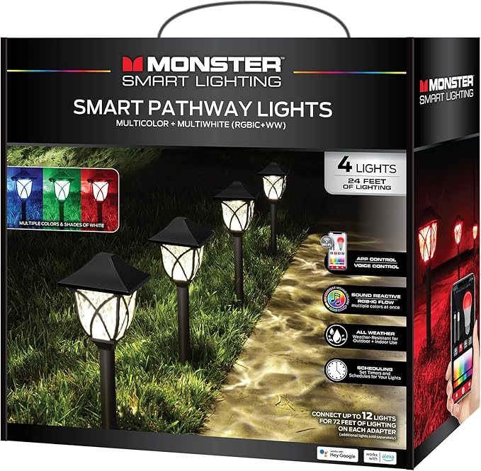 Monster Smart RGB+IC+WW Pathway Lights with 4 Dimmable LED Lights - Sound Reactive Garden Light, Weatherproof IP44 Outdoor Lighting - Compatible with Alexa, Google Assistant, Siri, Monster App