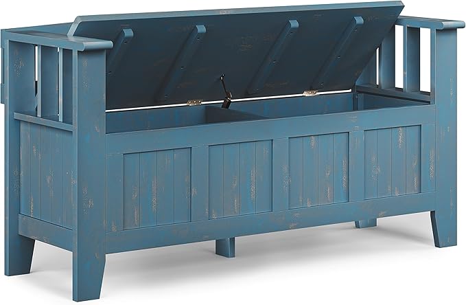 SIMPLIHOME Acadian Solid Wood 48 inch Wide Storage Bench that Seats 2 and 36 inch Wide Storage Cabinet in Distressed Coastal Blue for the Living Room, Entryway, and Family Room, Transitional Style