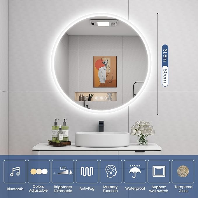STARLEAD 32" LED-Bathroom-Mirror-with-Lights, Wall-Mounted with Bluetooth Speaker, Anti-Fog, 3 Color Temperature, Dimmable Brightness, IP65 Waterproof, Tempered Glass, Frontlit & Backlit, Round