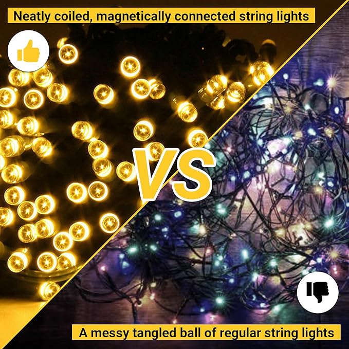 Magnetic String Lights - 60ft LED Fairy Lights with Quick Connect - Indoor Plug in - Warm & Bright White - Dorm Room Decorations