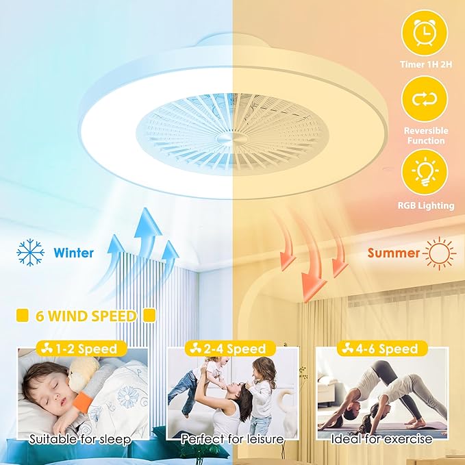 24" Smart Bladeless Ceiling Fan with RGB Ambient Light, Low Profile Flush Mount Fan with APP/Remote/Alexa Control, Dimmable LED Color Changing Light, 6-Speed Quiet Motor, White