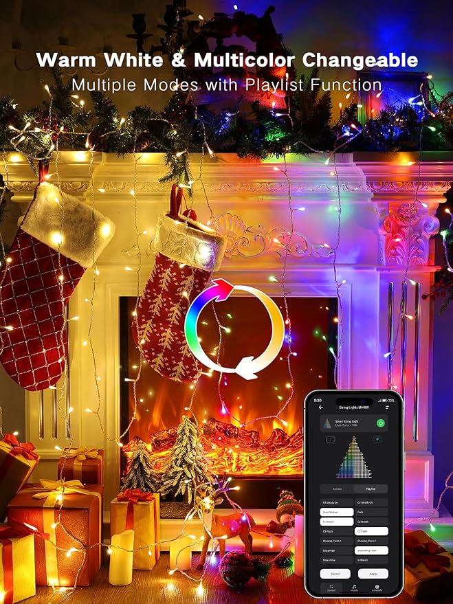 BrizLabs Smart Christmas Lights with App & Voice Control, 180ft 500 LED Warm White & Multicolor Color Changing String Lights, Dimmable Christmas Tree Light String Clear Wire for Xmas Tree Party Decor