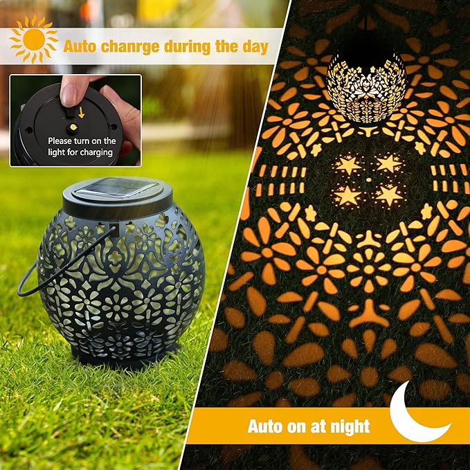 ODEETRONIC 2 Pack Warm White Outdoor Hanging Solar Garden Lanterns with Star Projection, Retro Hollowed-Out LED Lights, Waterproof for Yard Patio Lawn Porch Pathway Garden