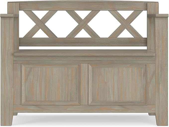 SIMPLIHOME Amherst Entryway Storage Bench - 36 inch Wide Solid Wood Hallway Bench in Distressed Grey, Transitional Bench for Entry or Mudroom with Lift-Up Lid, Storage Compartments and X-Back Detail