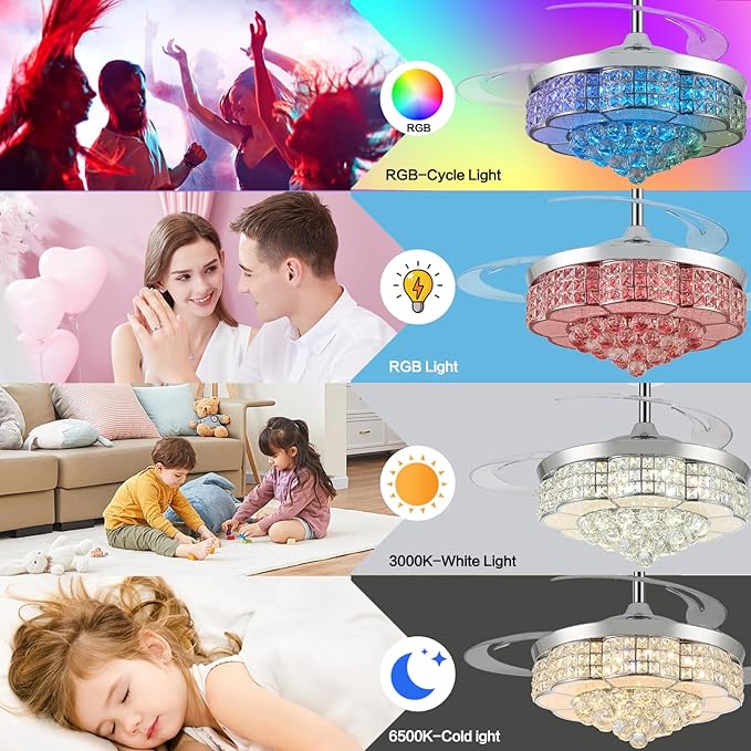 36" RGB Retractable Crystal Ceiling Fan with Light and Speaker Dimmable Bluetooth Chandelier Fan, 6 Speed Timer Fandelier, APP/Remote Control & Speaker for Bedroom,Silver