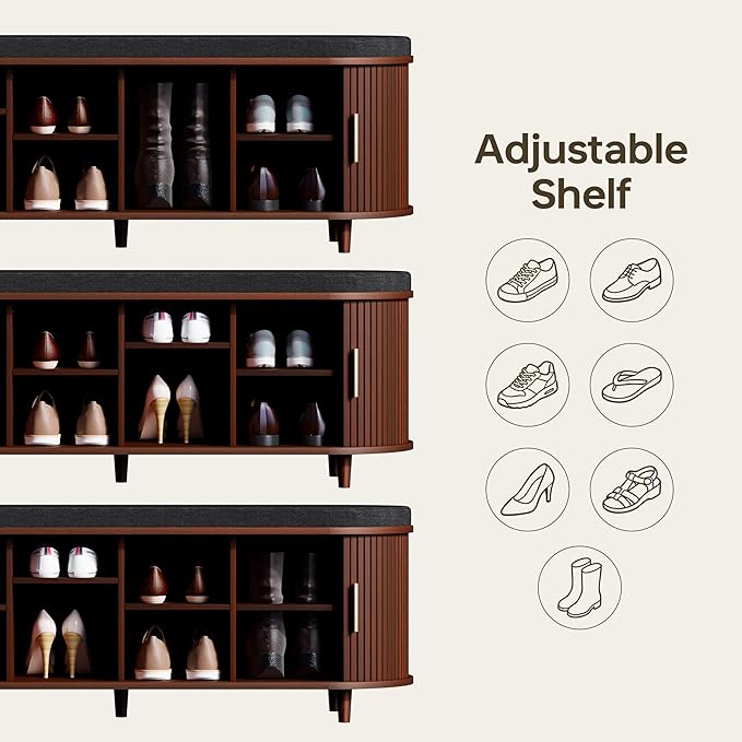 Entryway Bench with Storage: 51.2" Wooden Bedroom Shoe Bench with Thickened Padded Seat Cushion, Mid Century Modern Fluted Sliding Door and Adjustable Shelf, for Entryway, Living Room