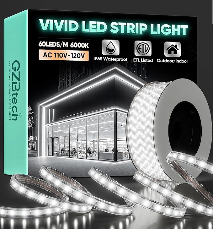 GZBtech AC 110-120V LED Strip Lighting 50FT/15M, 6000K Cool White IP65 Waterproof Outdoor Strip Lights, 60LEDs/M SMD2835 Cuttable & Connectable LED Rope Light for Indoor Outside Exterior, ETL Listed
