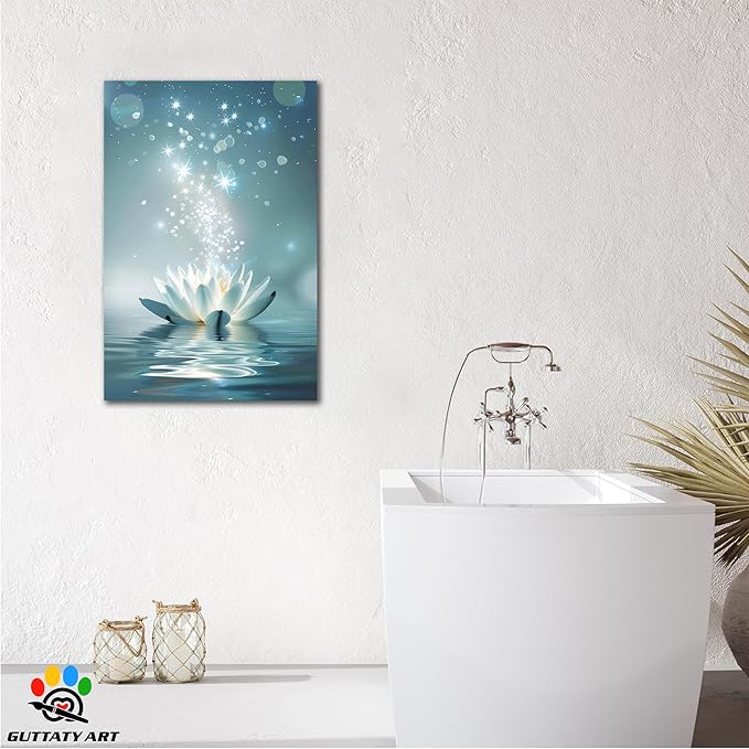Zen White Lotus Flower Canvas Wall Art, Lotus Flower Pictures Bathroom Zen Print, Spiritual Water Lily Canvas Prints, Lotus Bloom on Water Poster, Zen Calm Relax Artwork for Yoga Spa Room 12x18 inch
