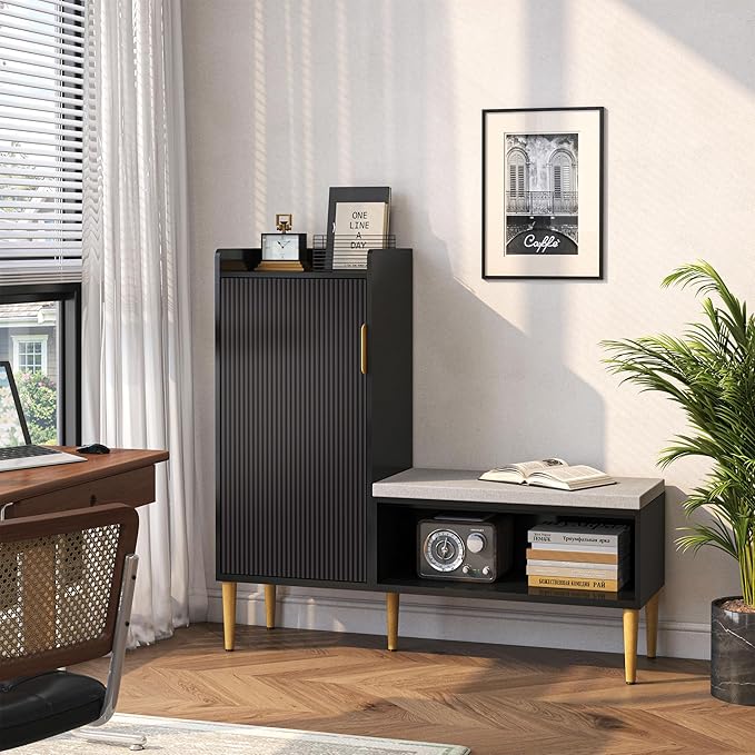 Storage Bench with Fluted Door&Shelf, Modern Entryway Bench with Padded Seat, L-Shaped Shoe Organizer Cabinet for Hallway, Living Room, Office, Black