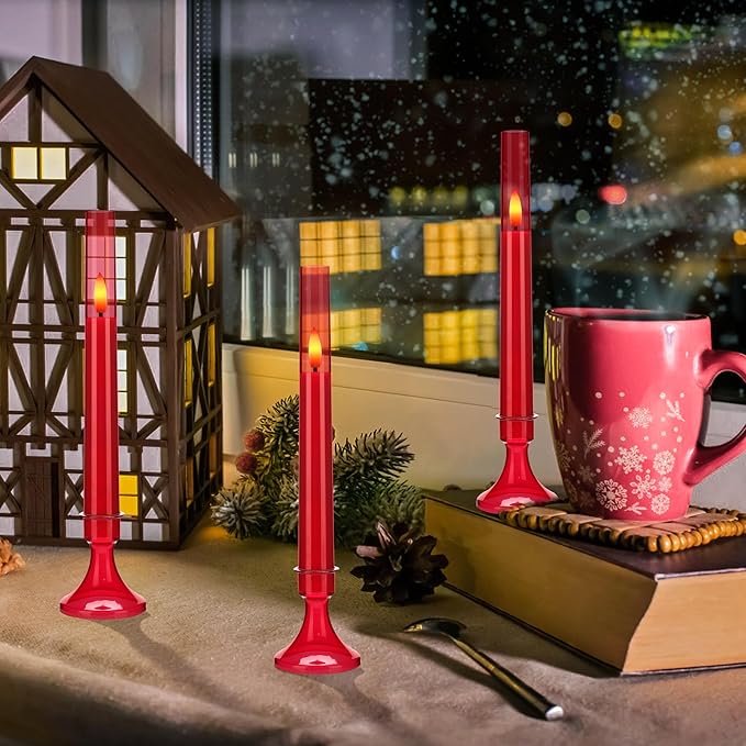 Red Flameless Taper Candles with Remote and Timer,Valentine Flameless Candles with Holders, 6 Pack LED Battery Operated Candlesticks 9.25"x0.75" for Valentine’s Day, Christmas