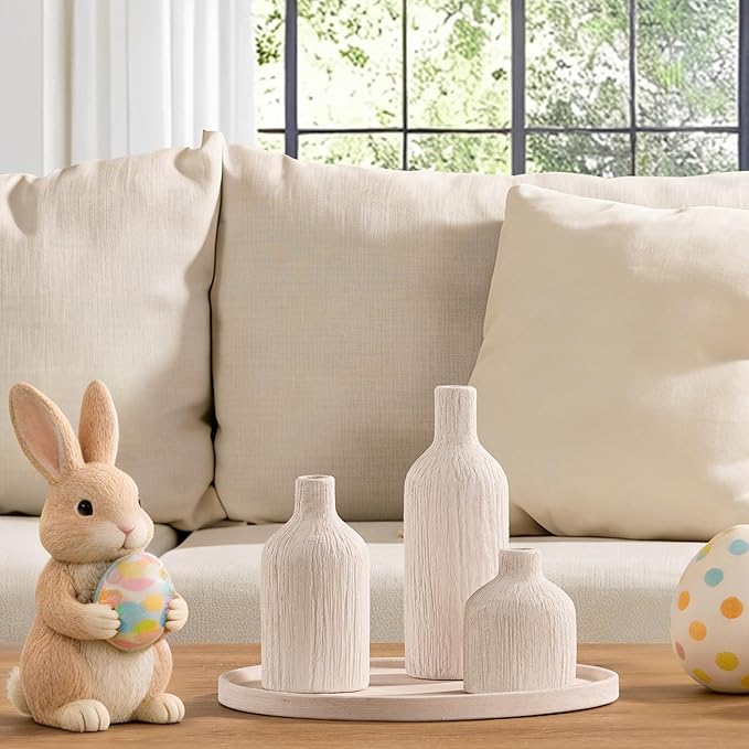 Ceramic Vase Home Table Decor - White Flower Vase Set of 3 Living Room Kitchen Decorations Farmhouse Modern Rustic Vases Decorative Centerpiece for Shelf Bedroom Office Bathroom Dining Coffee Desk