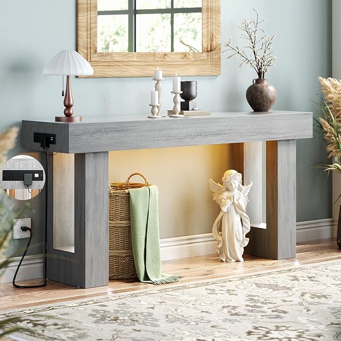 Unikito 63'' Farmhouse Console Table with Power Outlets and Sensor Light, Wooden Entryway Table with Storage, Rectangular Sofa Tables Behind The Couch for Entrance, Hallway, Living Room, White Oak