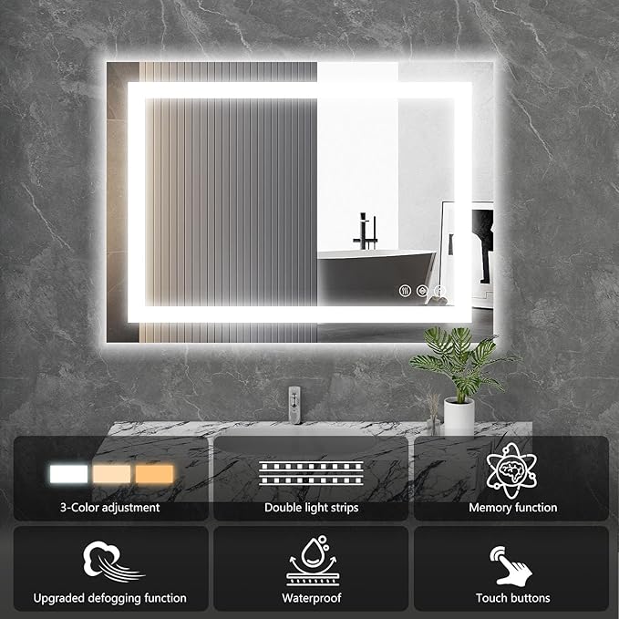 Sweetcrispy 20.1"x28.1" 1Smart Anti-Fog LED Bathroom Mirror with Front Light & Backlit, 3 Color Temperatures, Dimmable, Memory Function, Rectangle Modern Vanity Mirror