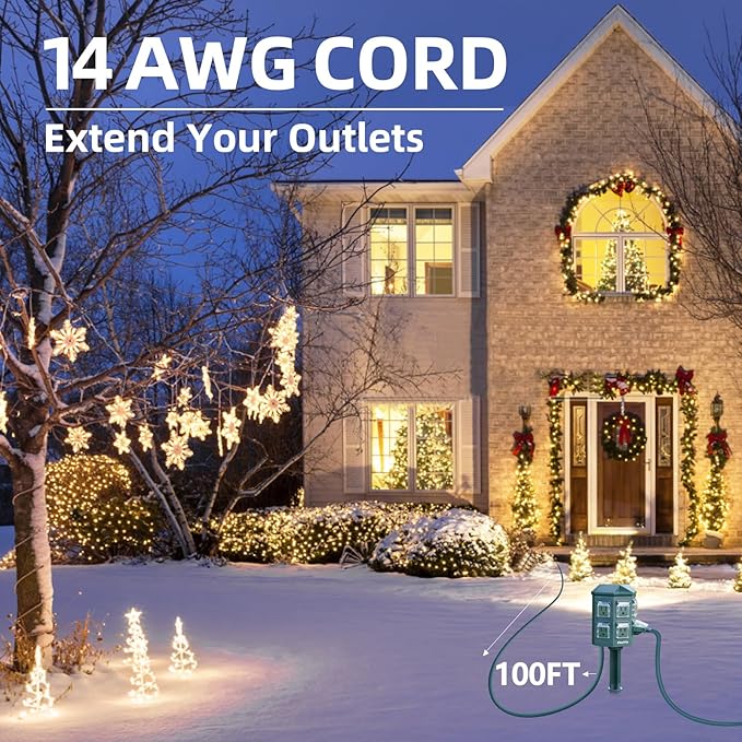 Flexora Outdoor Power Strip with 24-Hour Mechanical Timer, 100 FT Extension Cord Waterproof, 6 Grounded Outlets for Graden and Yard Decorations, ETL Listed
