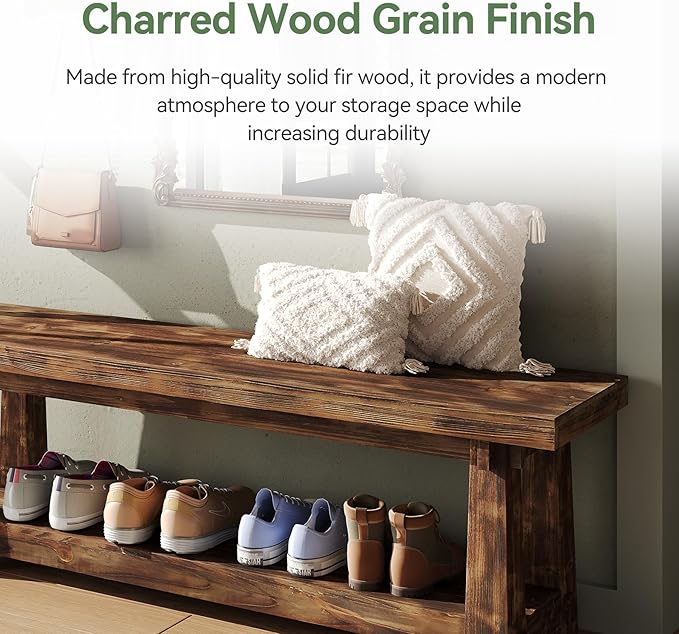 55" Solid Wood Entryway Bench with Shoe Storage, Rustic Charred Wood Grain Foyer Bench with Open Shelf for Hallway, Mudroom, Bedroom, Easy Assembly