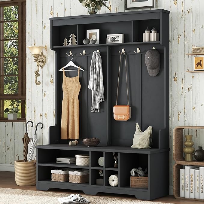 Modern Entryway 3-Tier Hall Tree, Coat Rack with Shoe Storage, Bench Seat, 6 Metal Hooks and Open Shelves, for Organized Homes (Black)