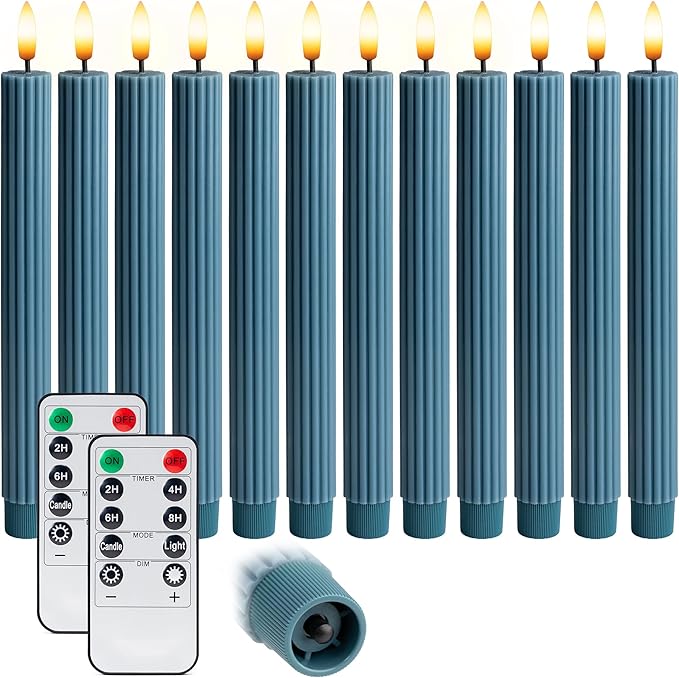 12 Pack, 10" LED Flameless Blue Fluted Ribbed Grooved Taper Candles with 2 Remotes & 24h Timer Memory, On/Off Button, Dimmable, Flicker Mode, Battery Operated, Christmas Menorah Wedding