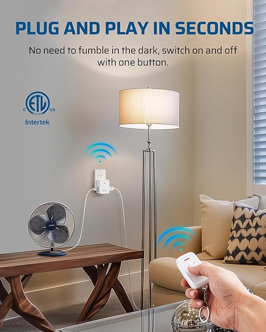 DEWENWILS Indoor Remote Control Outlet, Wireless Remote Light Switch with 2 Side Outlets, No Interference Remote Outlet Switch, No Wiring, 15A/1875W, 100ft RF Range, Compact Design, Programmable