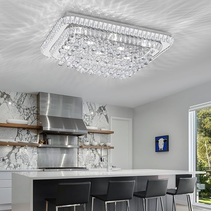 32 inch Crystal Flush Mount Chandelier, Modern Raindrop Crystal Silver Chandeliers with Remote and APP, 3 Colors Temp & Brightness Adjustable, Ceiling Light for Bedroom Hallway DiningRoom Living Room