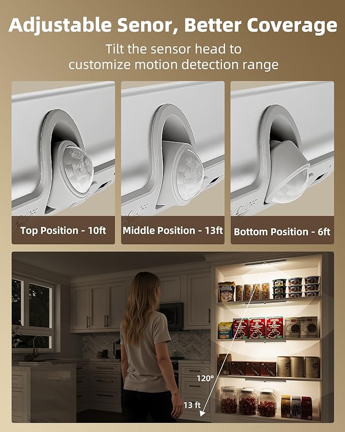 EZVALO 15inch Motion Sensor Closet Light, 1800mAh Rechargeable Battery-Operated LED Light, Rotatable Sensor, 3 Color Temperatures & Stick-On Light for Closet, Pantry, Stairs