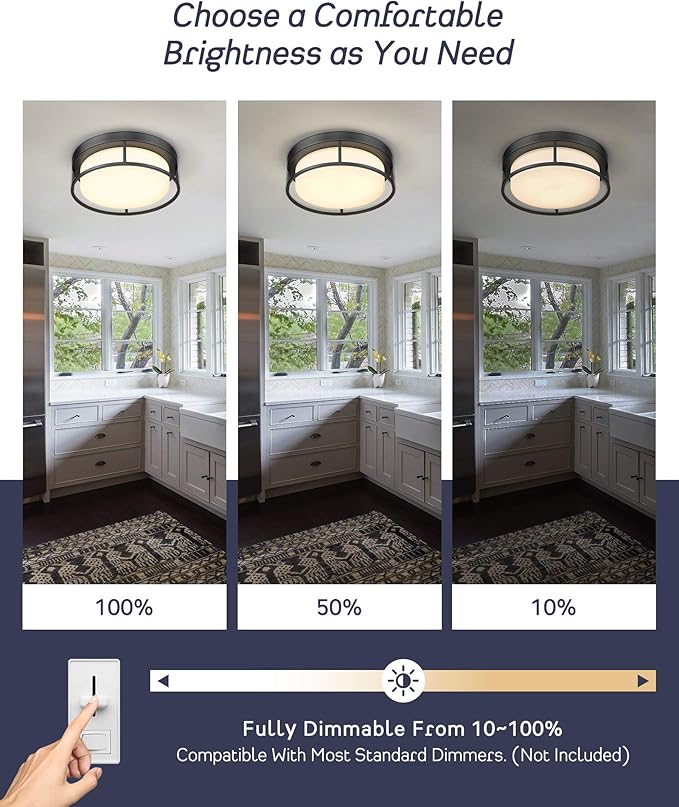 CALDION Flush Mount LED Ceiling Light Fixture, 12 Inch 24W 950Lumen Round Ceiling Light Fixtures, Dimmable 3000K Warm White, Black, Frosted Glass Shade, Close to Ceiling Lights for Hallway,6871LFM-BK
