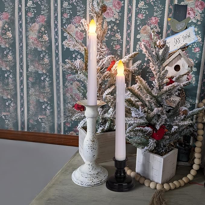 LED Battery Operated Window Candle with Remote & Timer Flickering Warm Light Christmas Flameless Taper Candles for Party Holiday Wedding Home Table Decoration (Pack of 6,White+Black Holder(A))…