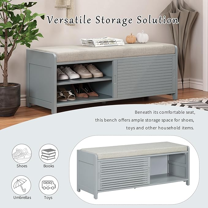 Amposei Modern Classic Storage Bench 43.3-Inch Wooden Entryway Shoe Storage Bench Cabinet with Removable Seat Cushion & Sliding Shutter-Style Doors for Living Room Entrance Hallway, Gray
