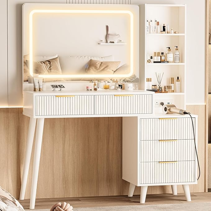 Makeup Vanity Desk with Mirror and Lights, Makeup Vanity with 5 Drawers&Storage Shelves, Vanity Table with Power Outlet, 3 Color Adjustable Lighting Dressing Table Set for Bedroom Ivory