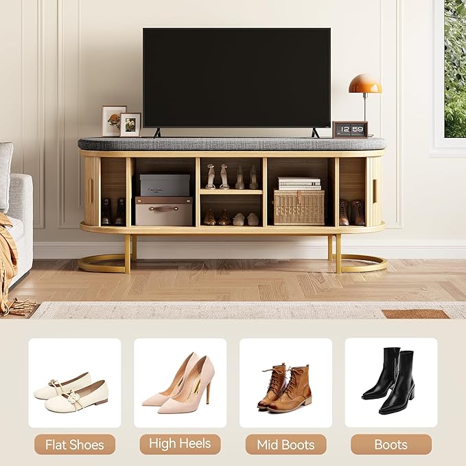 47.2'' Entryway Storage Bench Seat with Sliding Door, Large Shoe Bench with Sturdy Metal Feet & Soft Cushion, Multi-Scene Use for Entrance, Bedroom & Living Room（Oak）