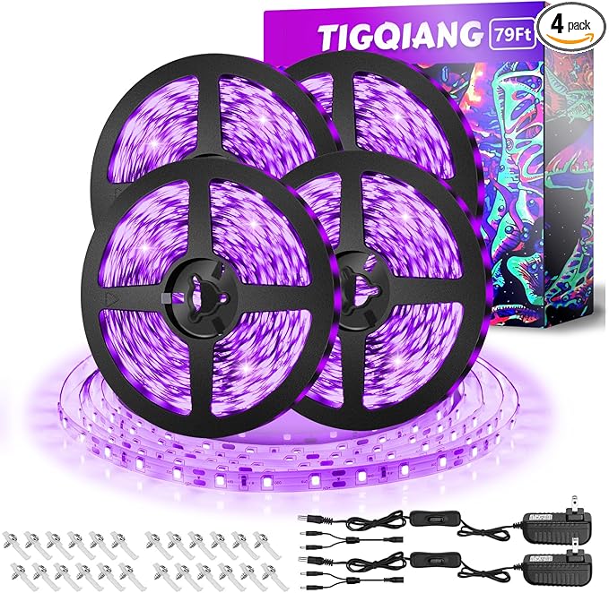Black Light Strip, 79ft/24M Flexible LED Black Light with kit, 1440 Lamp Beads, 12V LED Light, Halloween Christmas Decoration, Non-Waterproof for Fluorescent Dance, Birthday, Glow Party