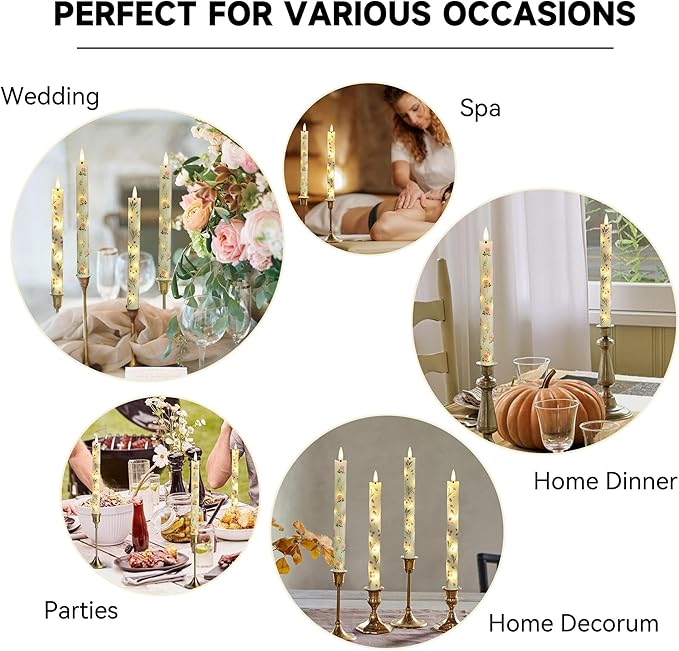 Floral Candles Remote Candlesticks-10inches Timer Flickering Battery Operated Candle Chinoiserie LED Taper Candles Lights for Home Wedding Tea Party Windows Decor,3PCS-RFL