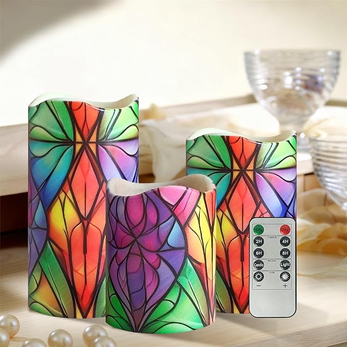 Remote Flameless Candles-Set of 3 Stained Glass LED Pillar Candles Battery Operated Candle with Timer, 4" 5" 6" for Home Window Shelf Decor