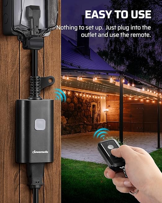 DEWENWILS Outdoor Remote Control Outlet, 15A Wireless Remote Control Switch, 100FT Control Range & 14AWG SJTW Power Cord, Weatherproof for Lights Outdoor Appliances