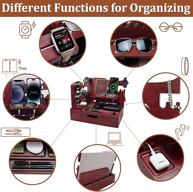 Nightstand Organizer for Men with Large Drawer, Wood Phone Docking Station for Phone, Apple Watch, Wallet & Keys, Ideal Birthday Gift for Father Husband, Bedside Desk Organizer (Mahogany)