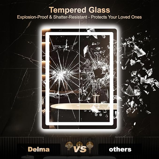 Delma LED Bathroom Mirror with Lights, 32x24 Vanity Mirror for Bathroom Wall, Anti-Fog, Dimmable, Front Lit & Backlit, Memory Function, Shatterproof Tempered Glass, 3 Color Modes(Horizontal/Vertical)