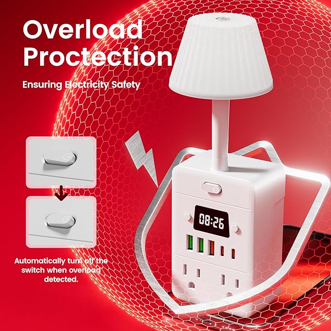 Bedside Power Strip with Lamp & Digital Clock, 4 Outlets 5 USB Ports (2 USBC), 3-Color Temperature Dimmable Bedside Nightstand Light, Multi Plug Outlet Extender for Bedroom Home Office, Coffee Counter