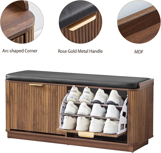 43.3''W Fluted Shoe Rack Bench with 2 Flip Drawers, Entry Bench Seat with 3-Tier Shoe Storage and Leather Cushion, Shoe Organizer Bench for Entryway, End of Bed, Living Room, Hallway - Walnut