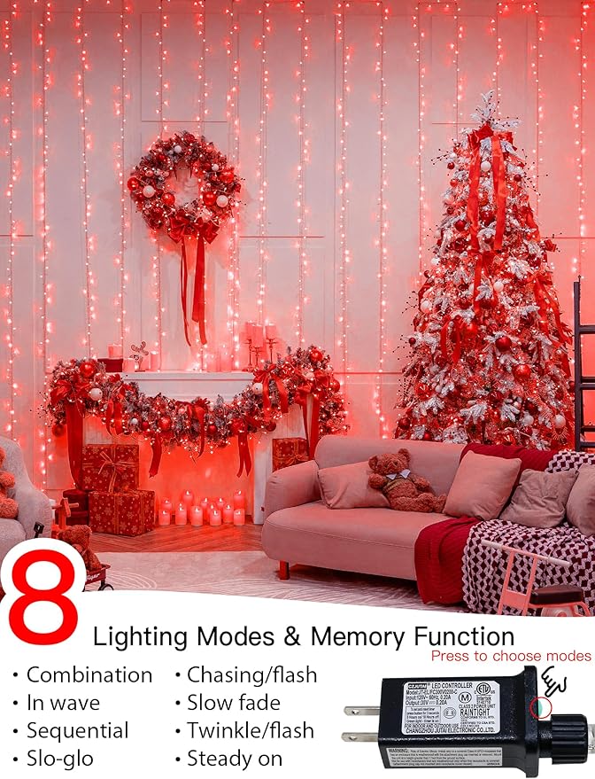 String Lights Indoor Bedroom, 33FT 100 LED Fairy String Lights Outdoor Waterproof, 8 Modes Memory Twinkle Christmas Light Plug in for Classroom Dorm Patio Tree Garden Decor (Red)