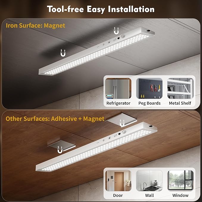 1Pack Touch Control Under Cabinet Lighting, 160LED Super Bright, 4000mAh Long-Lasting, Magnetic Rechargeable Motion Sensor Under Counter Lights for Kitchen, Closet, Remote, Dimmable, 3CCT丨White