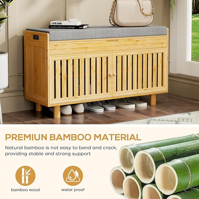 35.4in Shoe Storage Bench, Bamboo Entryway Bench with Lift Top Storage & Padded Seat Cushion, 2-Tier Shoe Rack Cabinet with 2 Doors for Entryway, Living Room, Bedroom, Mudroom, Natural