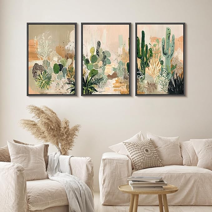 wall26 Framed Canvas Print Wall Art Set Desert Botanicals Triptych in Soft Earth Tones Illustrations Modern Art Decorative Multicolor for Living Room, Bedroom, Office - 16"x24"x3 BLACK