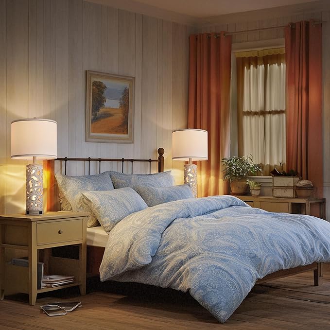 AIDENOEY Set of 2 Farmhouse Table Lamps with 2 USB Charging Ports, Vintage Carved Bedside Lamps with Smart Dimmable Bulbs, Rustic Nightstand Lamps for Bedroom Living Room Home Decor