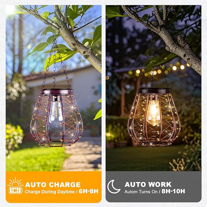 Hanging Solar Lantern Lights, Solar Chandelier Outdoor Waterproof Vintage Copper Outdoor Hanging Lights for Outside Gazebo, Pergola, Porch, Yard, Garden, Pathway, Decor, 2 Pack- ALL FORTUNE